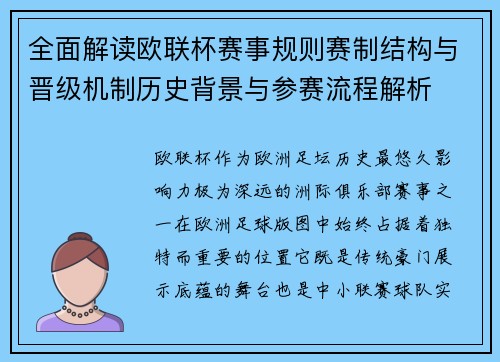 全面解读欧联杯赛事规则赛制结构与晋级机制历史背景与参赛流程解析 全面解读欧联杯赛事规则赛制结构与晋级机制历史背景与参赛流程解析